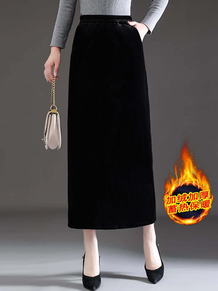 

Women's Velvet Maxi Skirt High Waist Slim Fit Long with Slit Thick Winter Midi Pencil Skirt