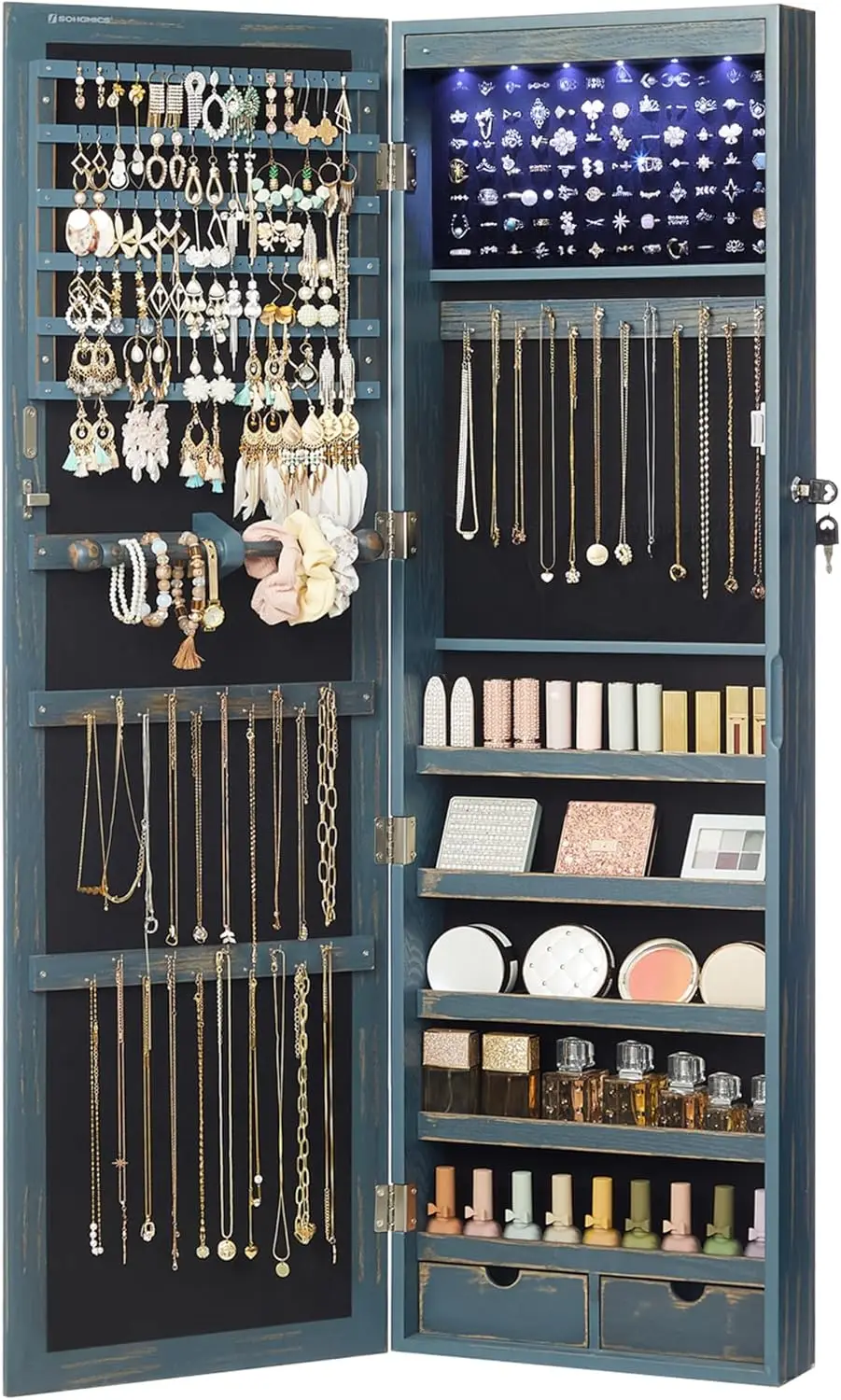 

6 Leds Mirror Jewelry Cabinet, 47.2-Inch Tall Wall or Door Mounted Jewelry Armoire Organizer with Mirror, 2 Drawers