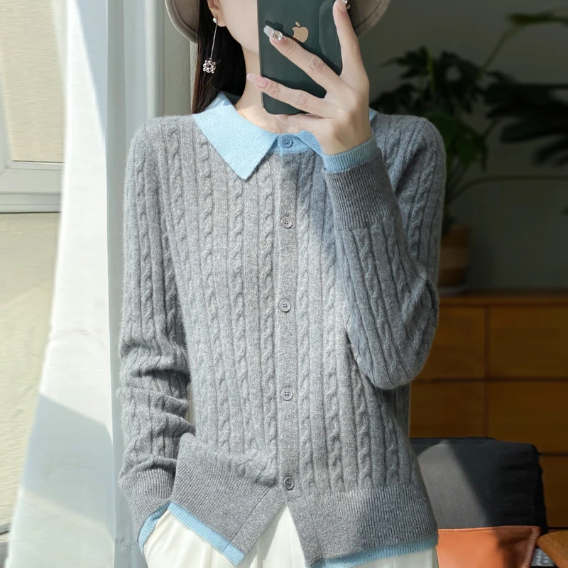 Autumn and Winter 100% Merino Wool Ladies Polo Neck Sweater Cardigan Fashion Patchwork Twist Knitted Cardigan 2024 New Top