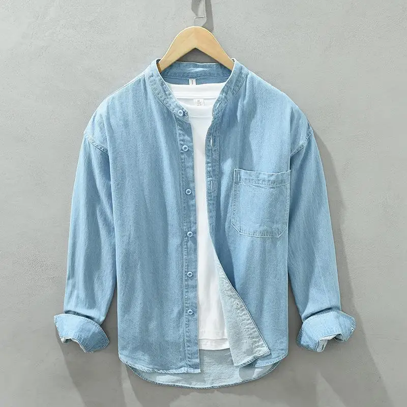 

Men's Long Sleeve Stand up Collar Cowboy Shirt Loose Fit Cotton Casual Shirt No Brand Registered Trademark Iron Free Treatment