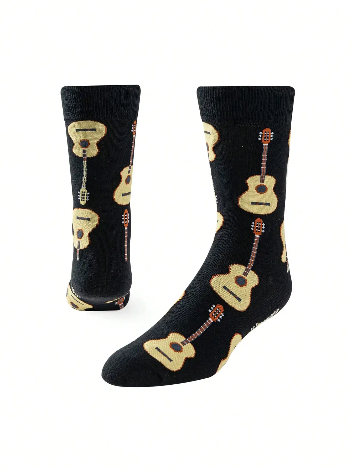 A Pair of Fun Cartoon Guitar Pattern Mid-Calf Socks - Unisex Casual Socks Suitable for Men's Outdoor Wear - Breathable, Comfortable, and Stylish, Perfect for Everyday Wear and Autumn Season