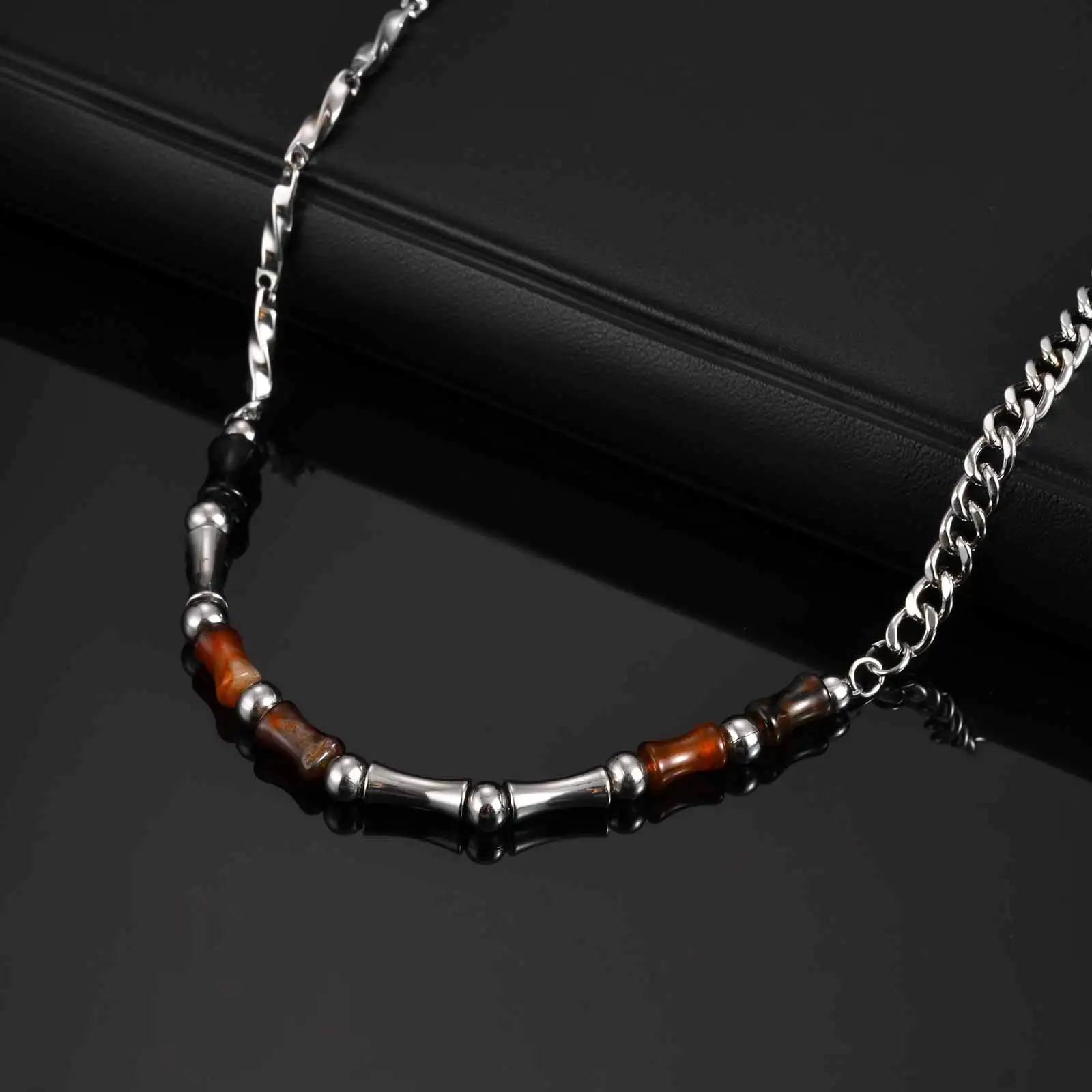 

Vnox 46-51cm Adjustable Steel Bamboo Necklace with Lobster Clasp, Natural Agate Beads Minimalist Jewelry Gift for Men Women
