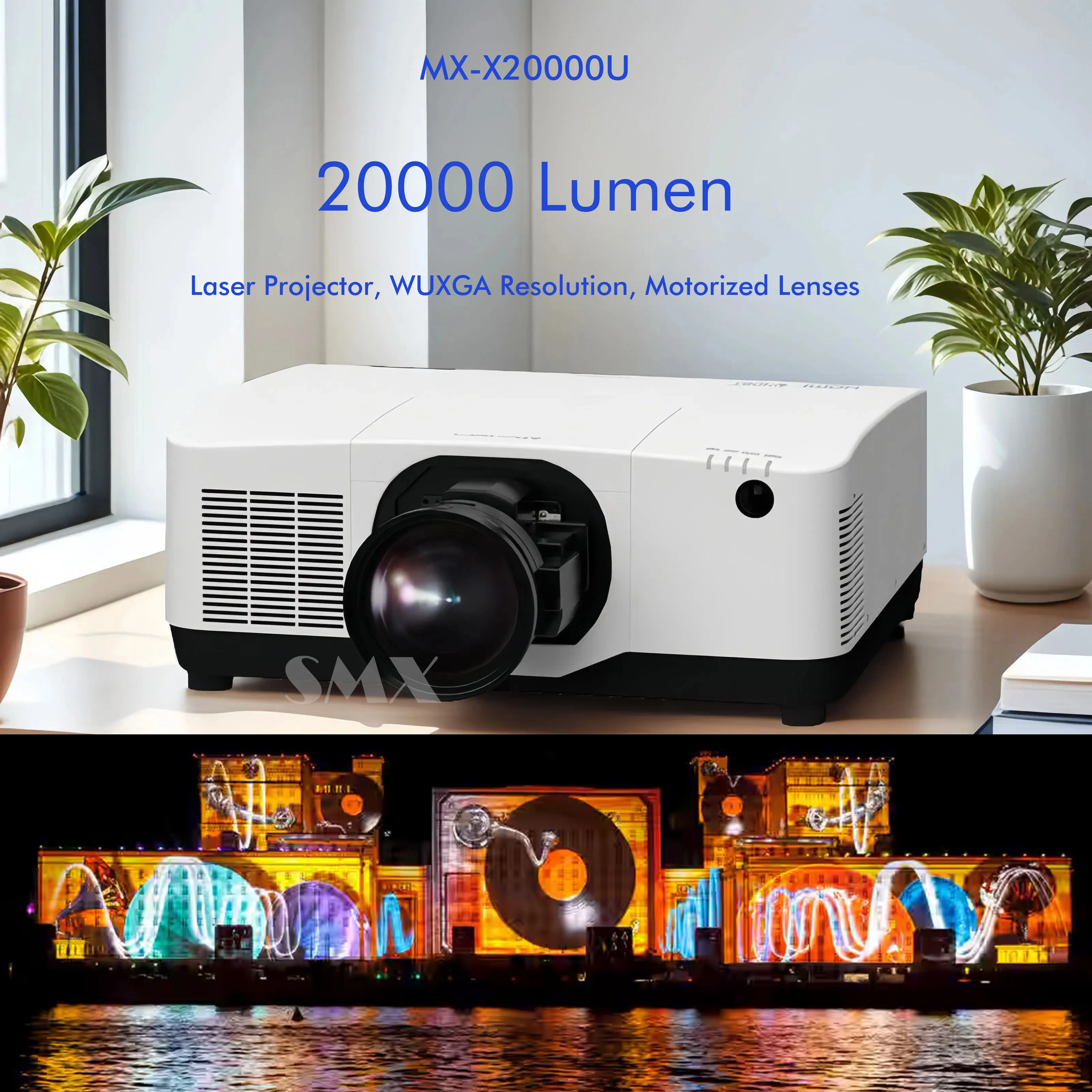 SMX 20000 Lumen 3LCD Outdoor Building Laser Projector High Brightness Manual Projector Screen Supports 4K 3D Mapping