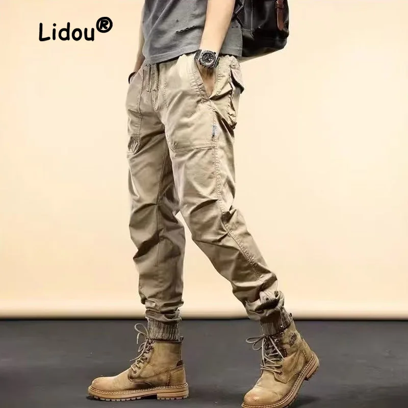 Spring Autumn Fashion Solid Color Multiple Pockets Cargo Pants Man New Classic Waist Drawcord Youth Trend Male Trousers 2023