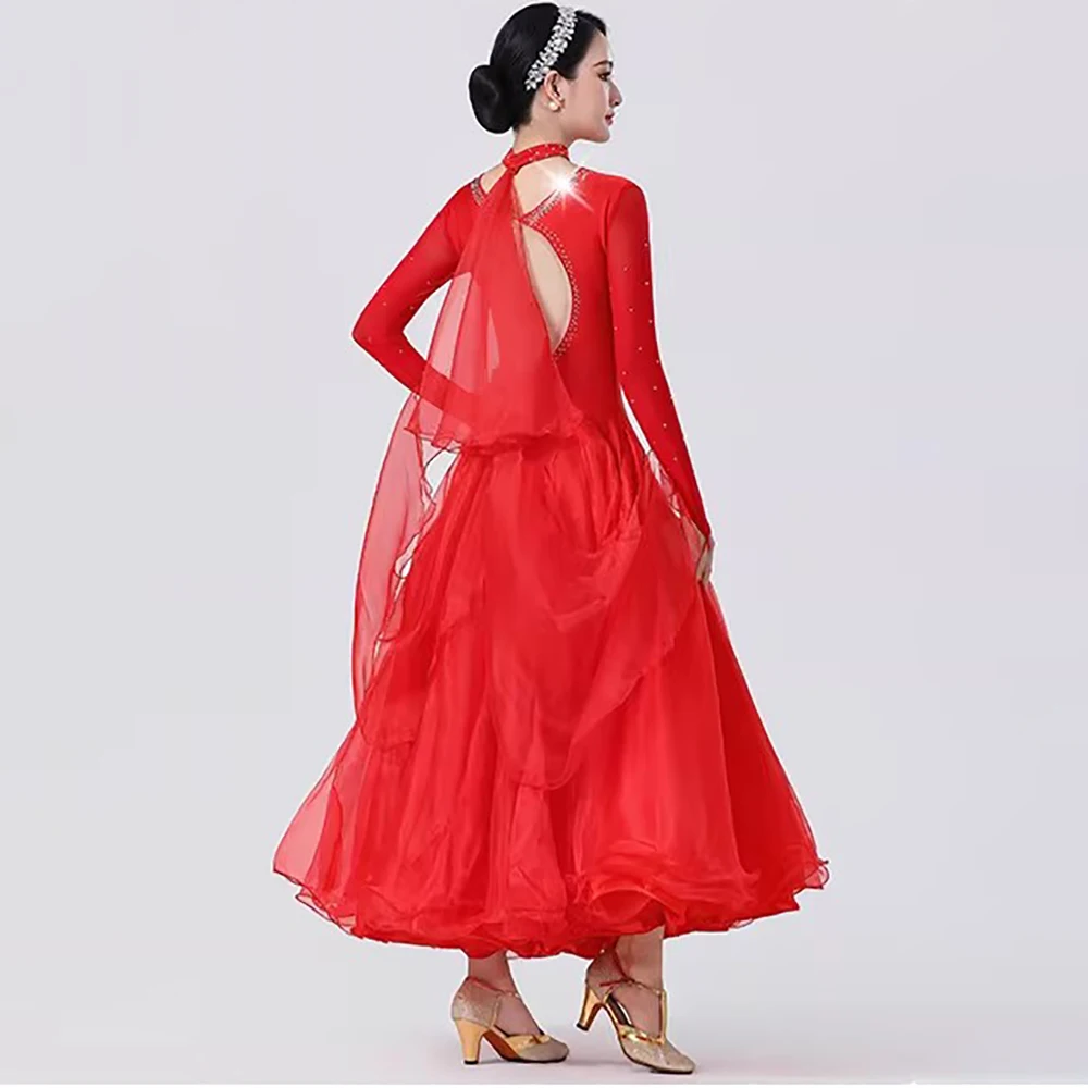

Ballroom Dance Competition Dress for Women Long Sleeve Rhinestone Modern Waltz Tango Big Swing Stage Performance Costume