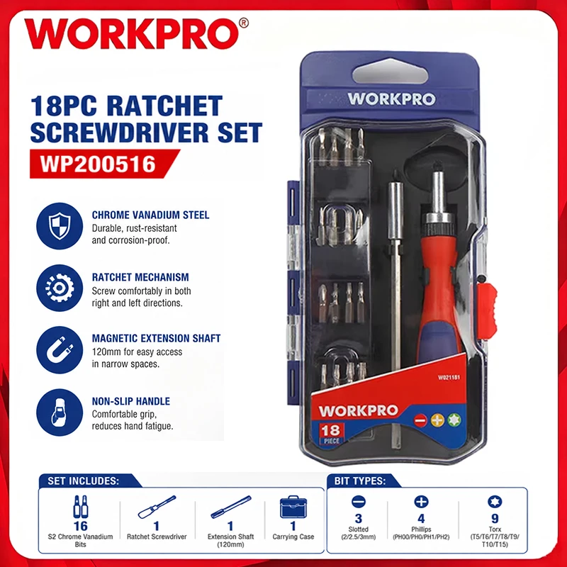 WORKPRO WP200516 18PC Ratcheting Screwdriver Bit Set, Assorted Driver Bits, Household DIY & Equipment Repair Tool Accessories