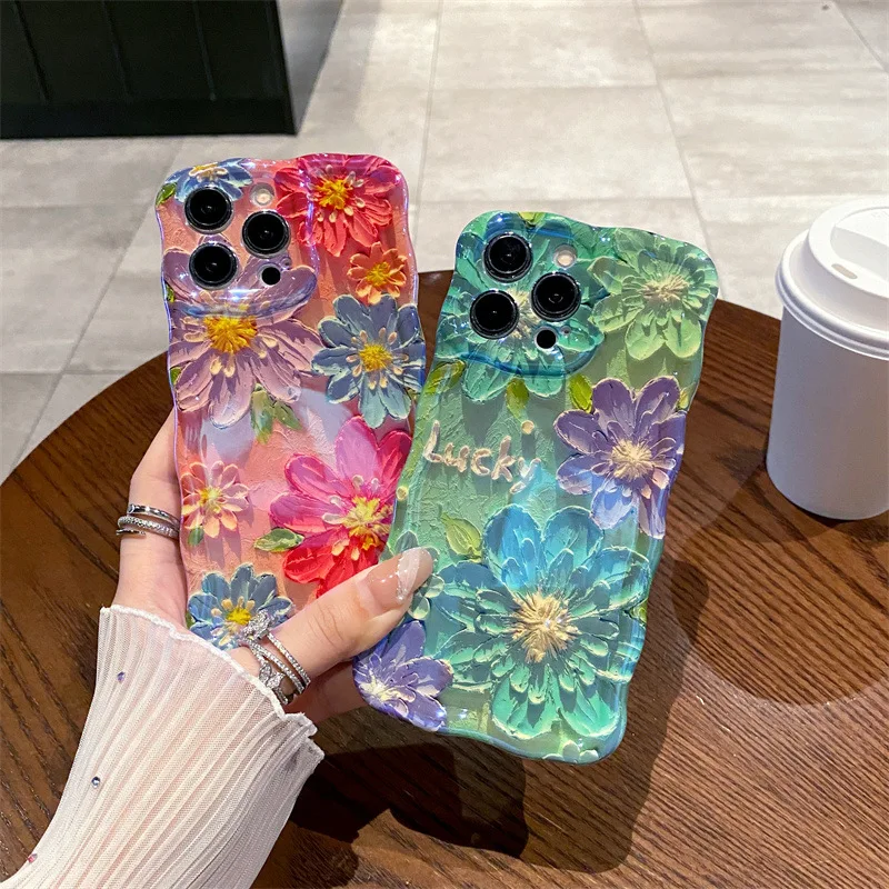 Retro Blue Light Oil Painting Flowers Wavy Silicone Phone Case For iPhone 12 13 14 15 16 Pro Max Plus Shockproof Bumper Cover