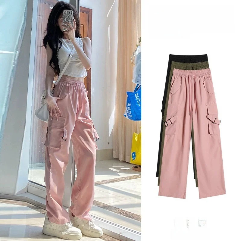 

Pink High Waist Slim Fit Wide Leg Workwear Pants Women's Spring Summer New Style Quick Dry Casual American Sporty Trousers
