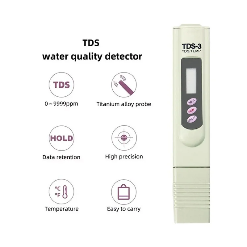 Temperatura Água Dureza Tester, Pen Type, Digital TDS Meter, Hold, TDS-3 PPM