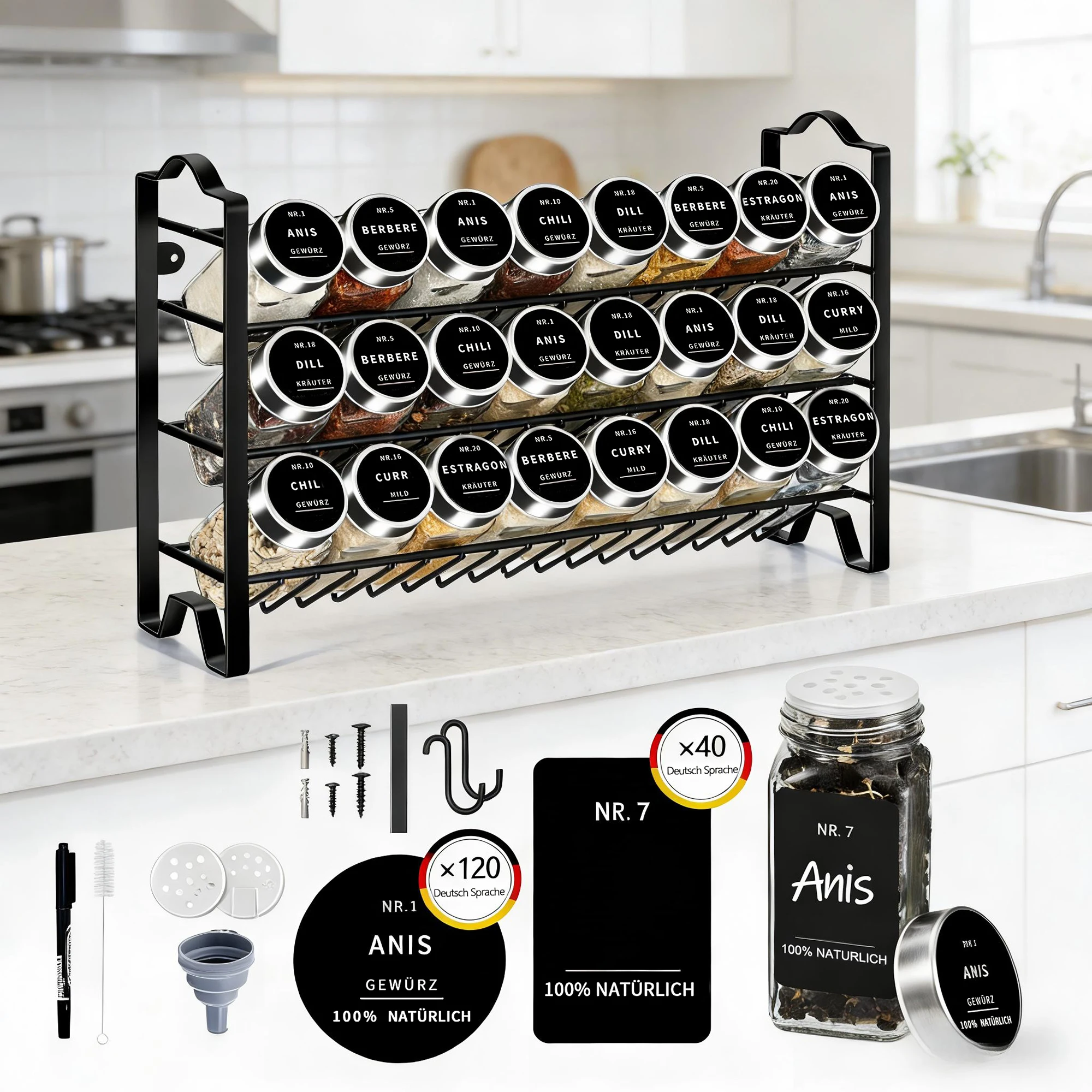 SAEIV 24 Gewürzgläser mit aufrechtem Gewürzregal, 3-stufiges Gewürzregal aus Metall zur Wandmontage, 24 x 120 ml Glasdosen, Gewürzdosen mit Streuer, Etiketten, Trichter, Kreide und