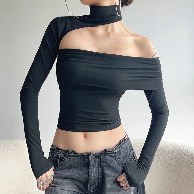 Sexy Asymmetrical Shoulder Bared Knitted Long Sleeve Elastic T-shirt Design Sense Pleated Wrap Chest Thickened Autumn Ladies Top