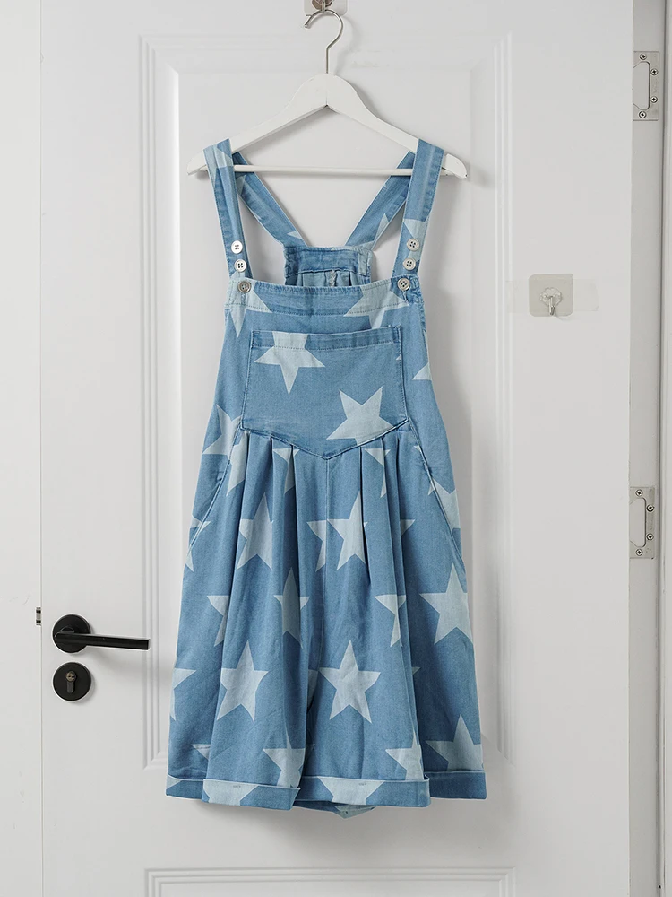 2025 Summer New Star Printed Strap Denim Jumpsuit Women Street Wear Fashion Short Romper Women Casual Loose Playsuit