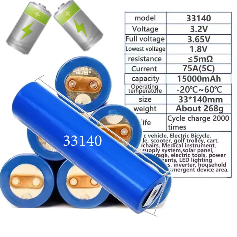 

15AH 3.2V Rechargeable Lifepo4 Battery 33140 for DIY Solar Energy Storage 12V 24V 48V Outdoor Power Supply Battery Pack