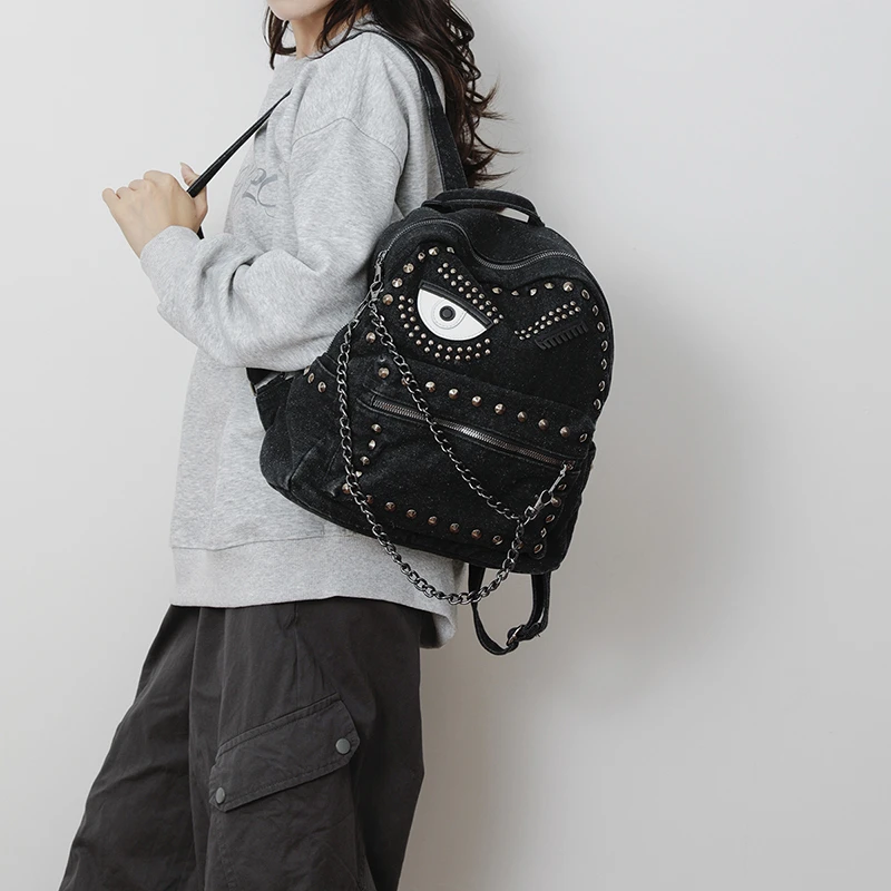 Vintage Denim Rivet Backpack Women Punk Eye Pattern Chain Decor Rucksack Gothic Studded Large Capacity Casual Travel Backpack view 4