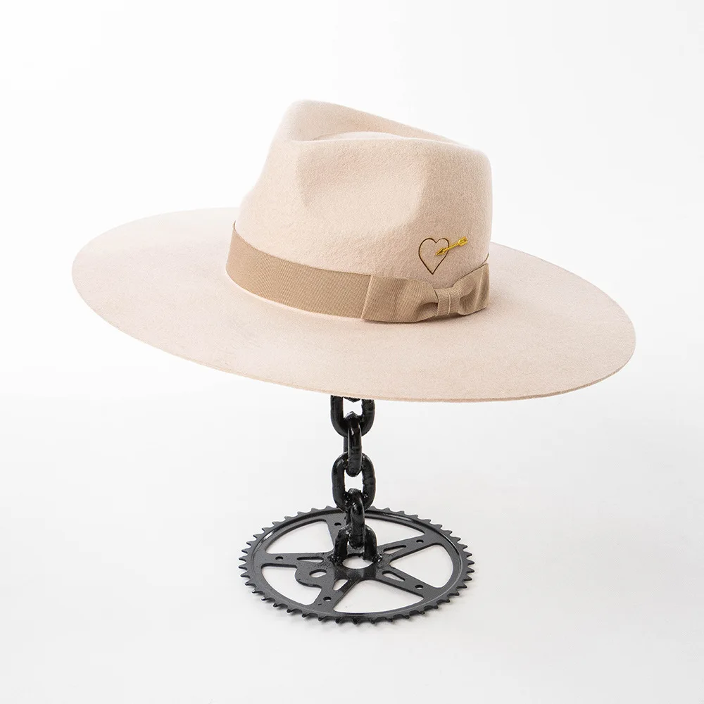 British Style Retro Heart Gold Arrow Ribbon Bow Big Brim Wool Jazz Hat Warm Fedora