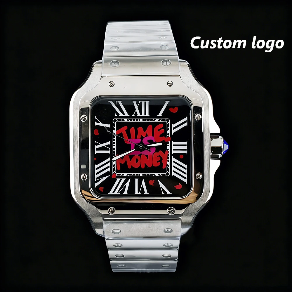New NH35 Square Watch Time is Money Watch 27mm Custom Logo Dial Men's Watch NH35 Movement Watch Accessories