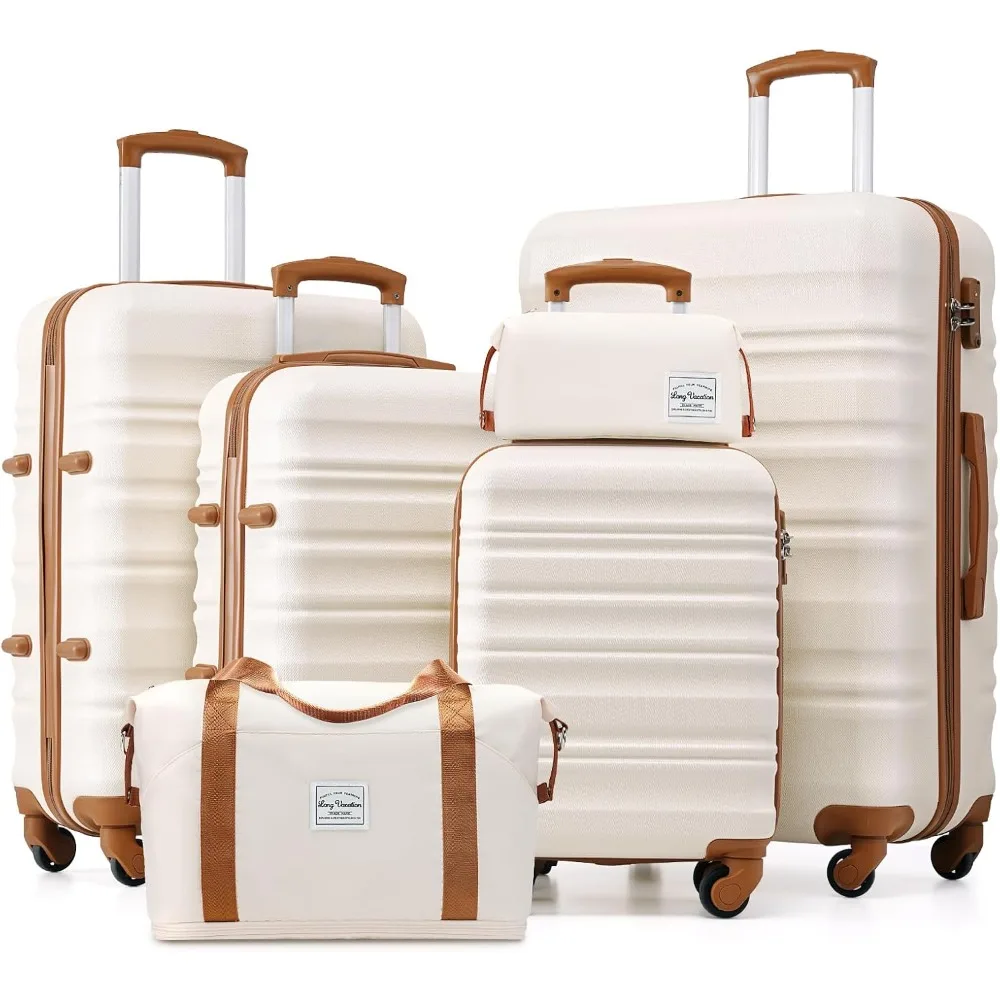 

6 Piece Luggage Set Carry on Suitcase with ABS+PC hardshell, Spinner Wheels & YKK Zipper TSA Lock (WHITE-BROWN, 6 piece set)