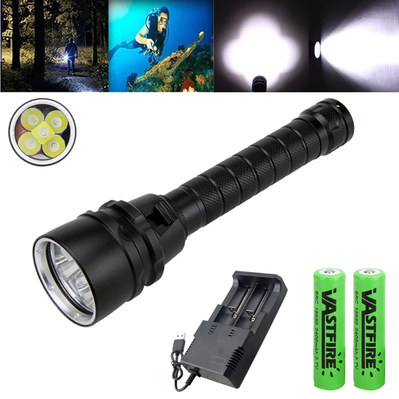 Super Bright Diving Flashlight IP68 Highest Waterproof Rating Professional Powered by 2 Green 18650 Battery USB Light Charger