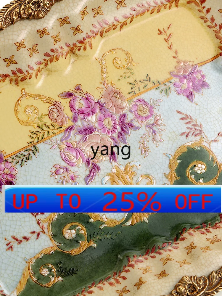 LHH  Crack Fruit Plate Soft Decoration Ceramic Inlaid Copper Decoration Fruit Plate Living Room Decoration