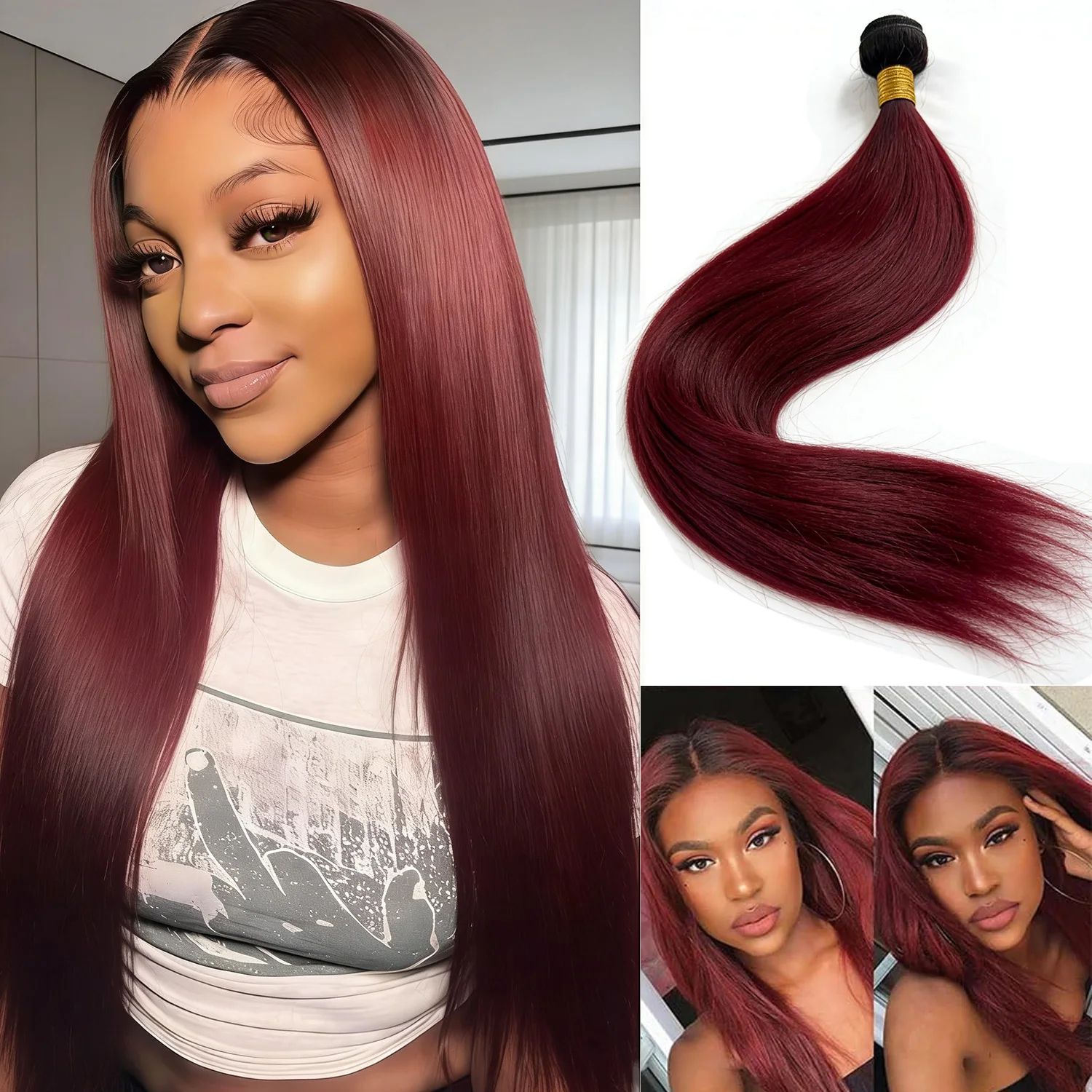 

T1B/99J Цвет бордовый 100% пучки человеческих волос Прямые наращивание волос Remy Необработанный мягкий пучок, натуральный вид