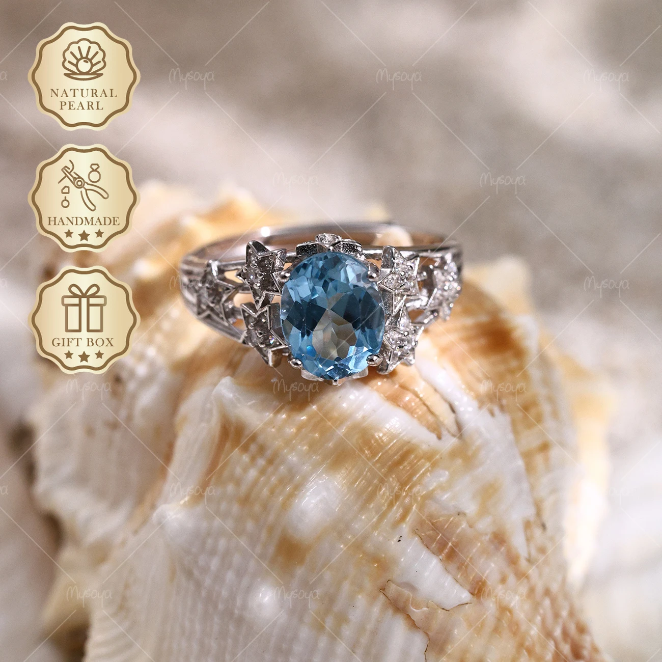 MYSOYA Star Ring with Natural Swiss Blue Topaz, 7×9mm Topaz 2.30ct, Gift Box Included, November Birthstone SC03