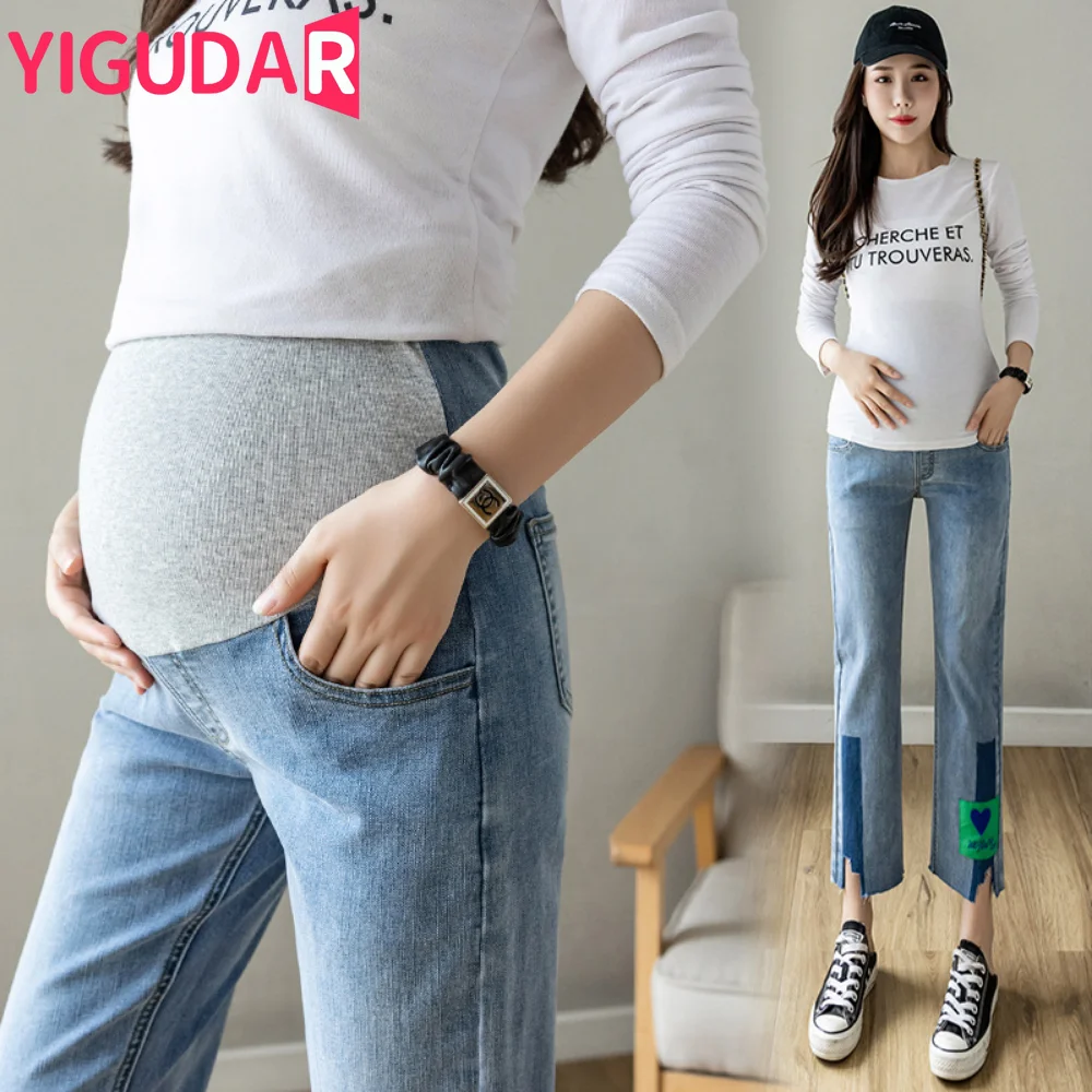 

Side Split Denim Maternity Straight Long Jeans Wide Leg Loose Pants Clothes for Pregnant Women Chic Ins Pregnancy Female body