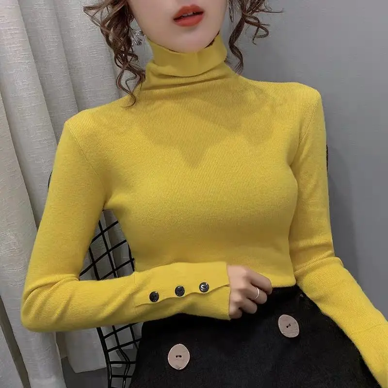 Autumn Winter Women\'s Clothing Solid Color Turtleneck Pullover Sweater Knitted Button Long Sleeve Casual Office Lady Tops