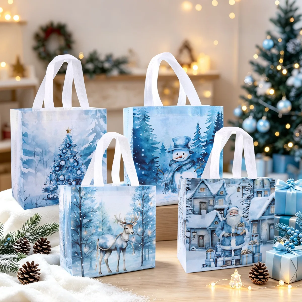 4/8 Stück blaue Weihnachtsgeschenktüten mit Griff, Aquarell-Weihnachtsmann-Schneemann-Druck, Vlies-Tragetaschen, Weihnachtsdekorationen für Zuhause