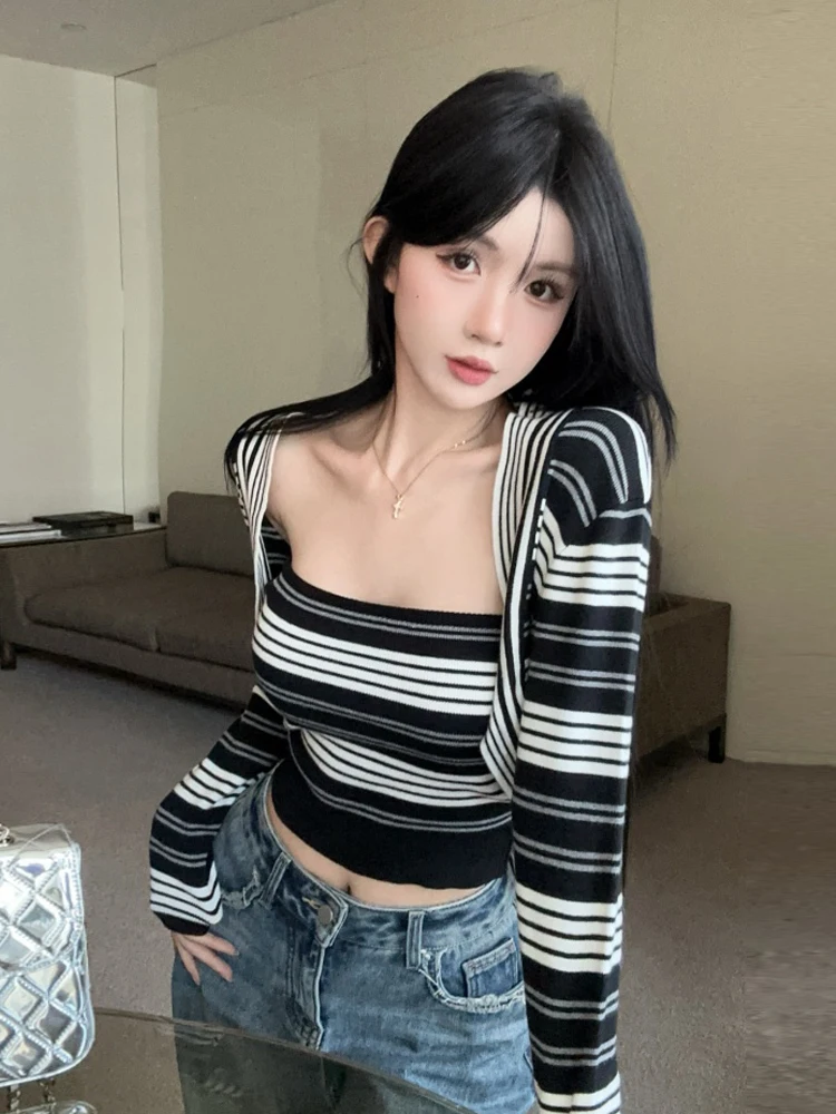 

Korean Faion Retro Striped Color Blo Long Sve Tube Top Vest Two Piece Set Women's Slim Fit Knitted Sweater Cardigan