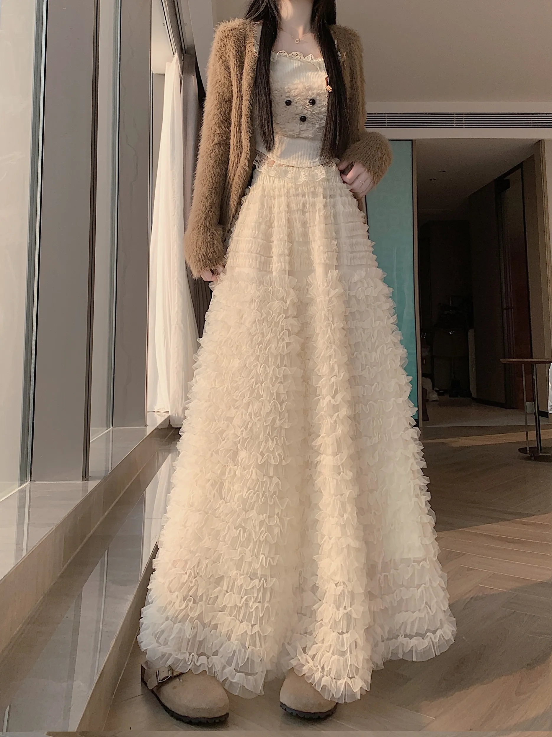 

Повседневная женская юбка А-силуэта с завышенной талией, расшитая тюлевыми аппликациями, пышная, свободного кроя, длинная, для осени и зимы