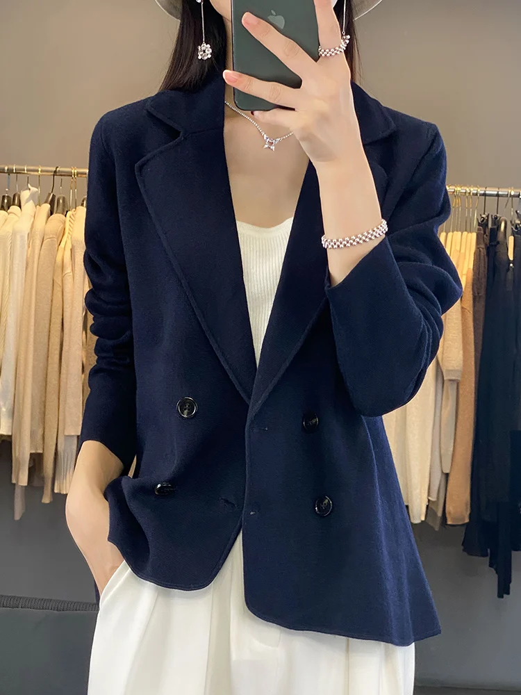 Women Fashion Double Breasted Loose Fitting Blazer Coat Spring Autumn Vintage Long Sleeve Pockets Female Outerwear Chic Top