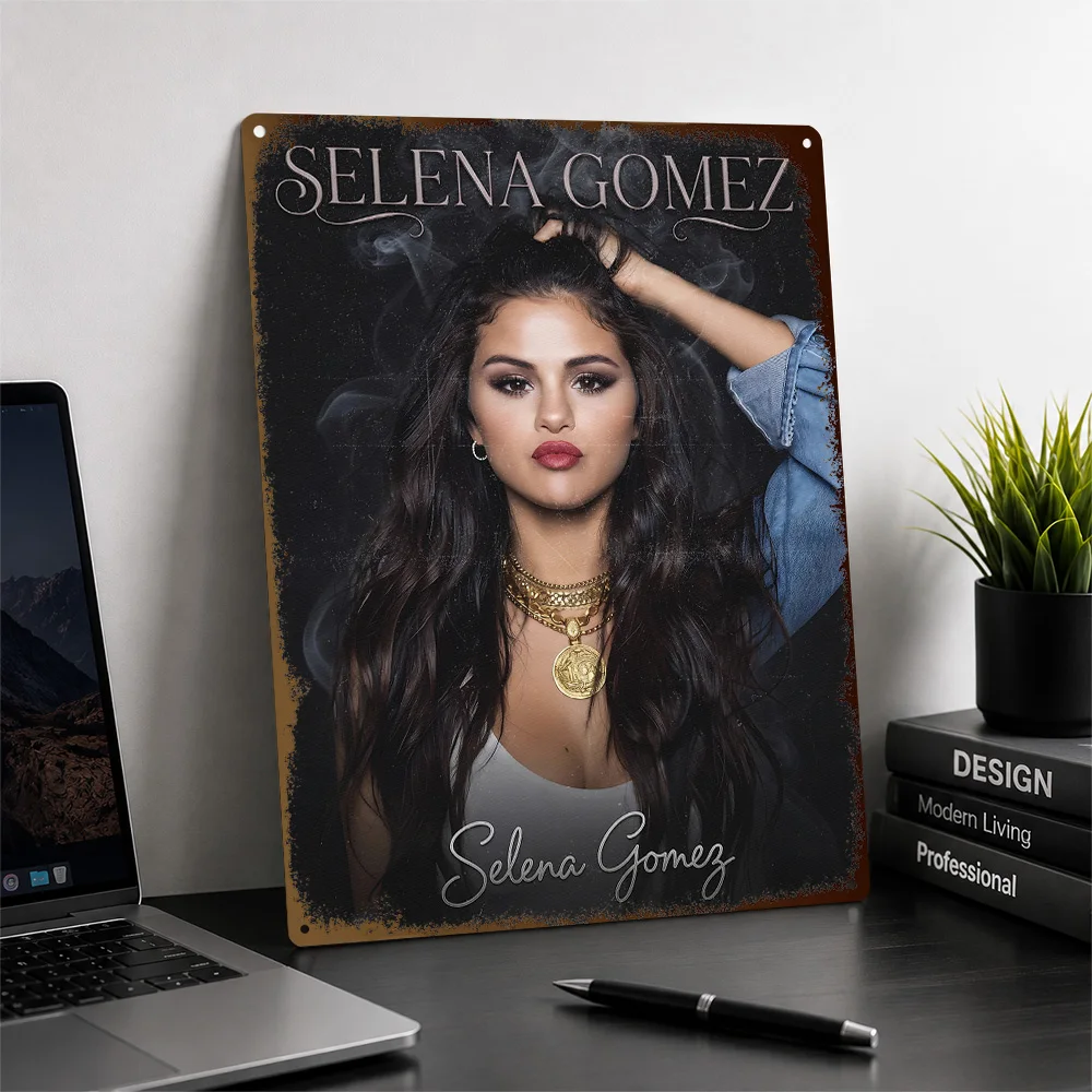 Selena Gomez Portrait Textured Poster Customized Metal Tin Sign Chart Topper Style Wall Art For Audio Corner As Collector Gift