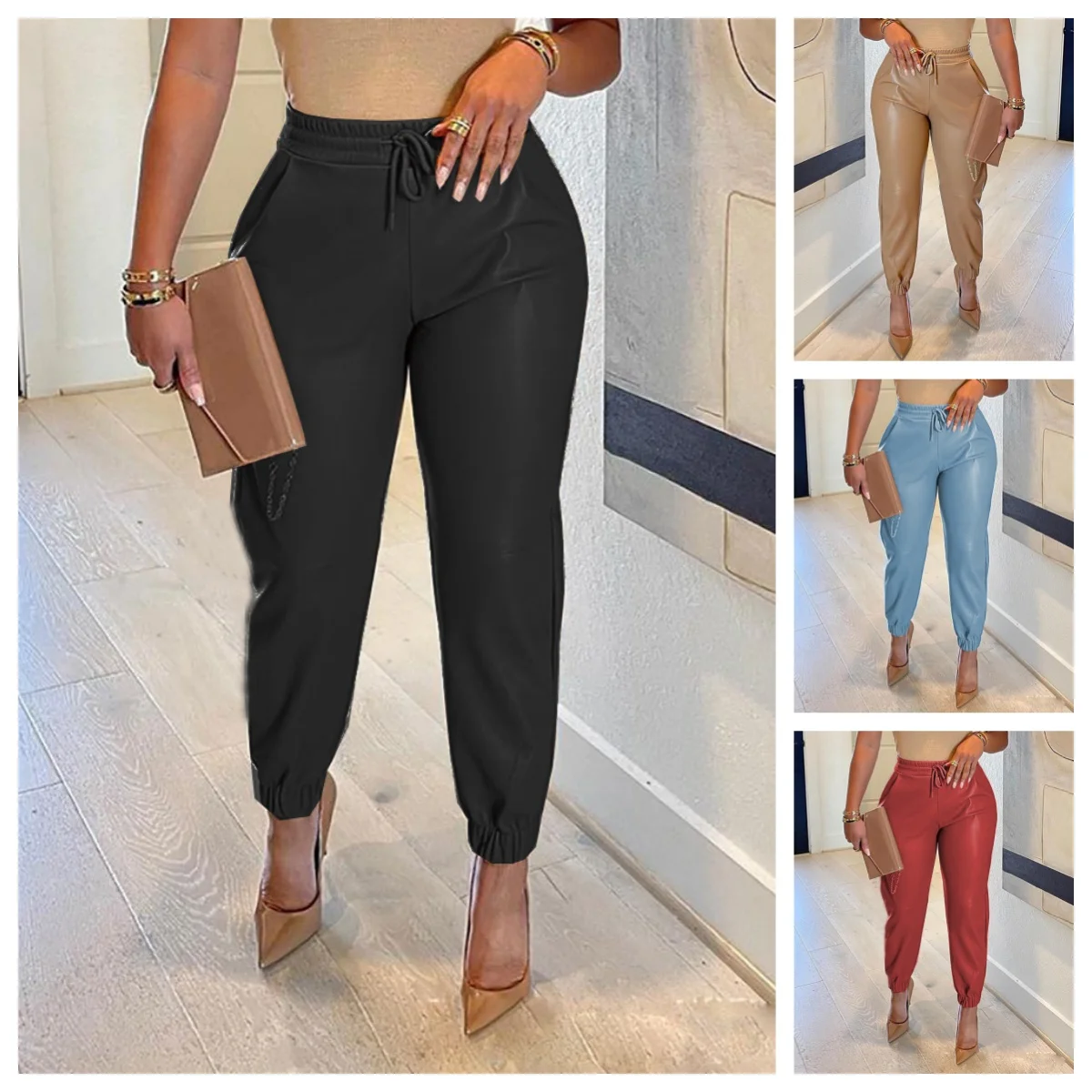 Damenmode, PU-Leder, elastische Taille, vordere Schleife, einzelner Knopf, lässige Sporthose, Damenbekleidung, Damenhose 2026