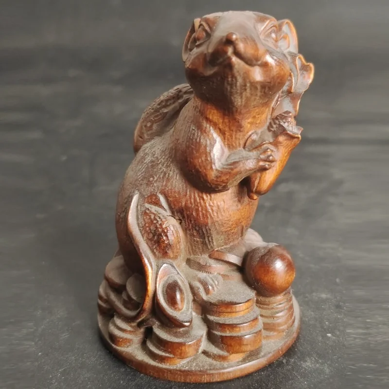 2.8'' Hand Carved Boxwood Mouse Rat on Coins Chinese Zodiac Wealth Good Luck Figurine Tea Pet Desk Ornament Collectible