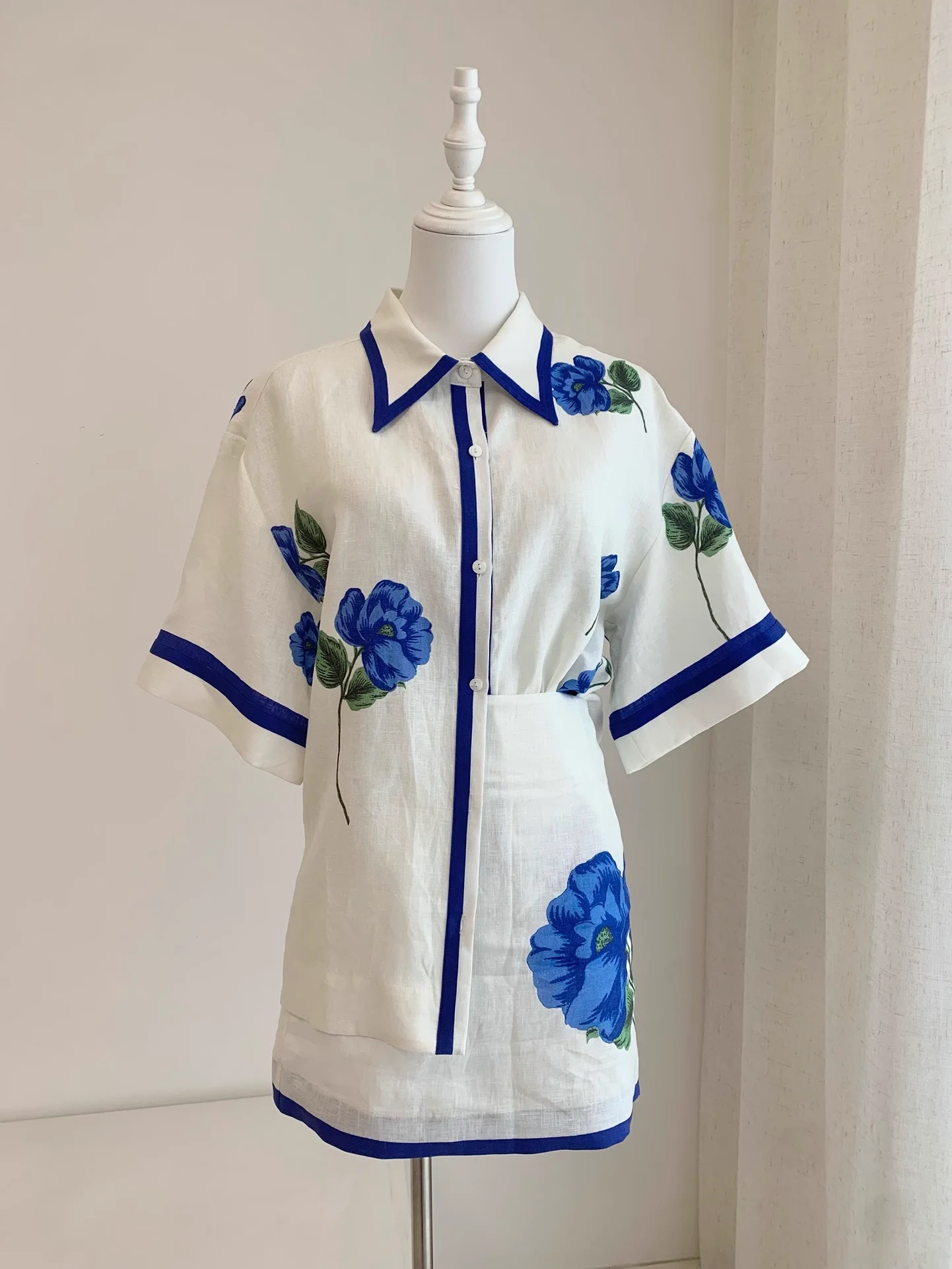 Women's Dress 2025 New Spring Summer 100% Linen Printed Turn Down Collar Sweet Short Sleeve Shirt or High Waist Skirt