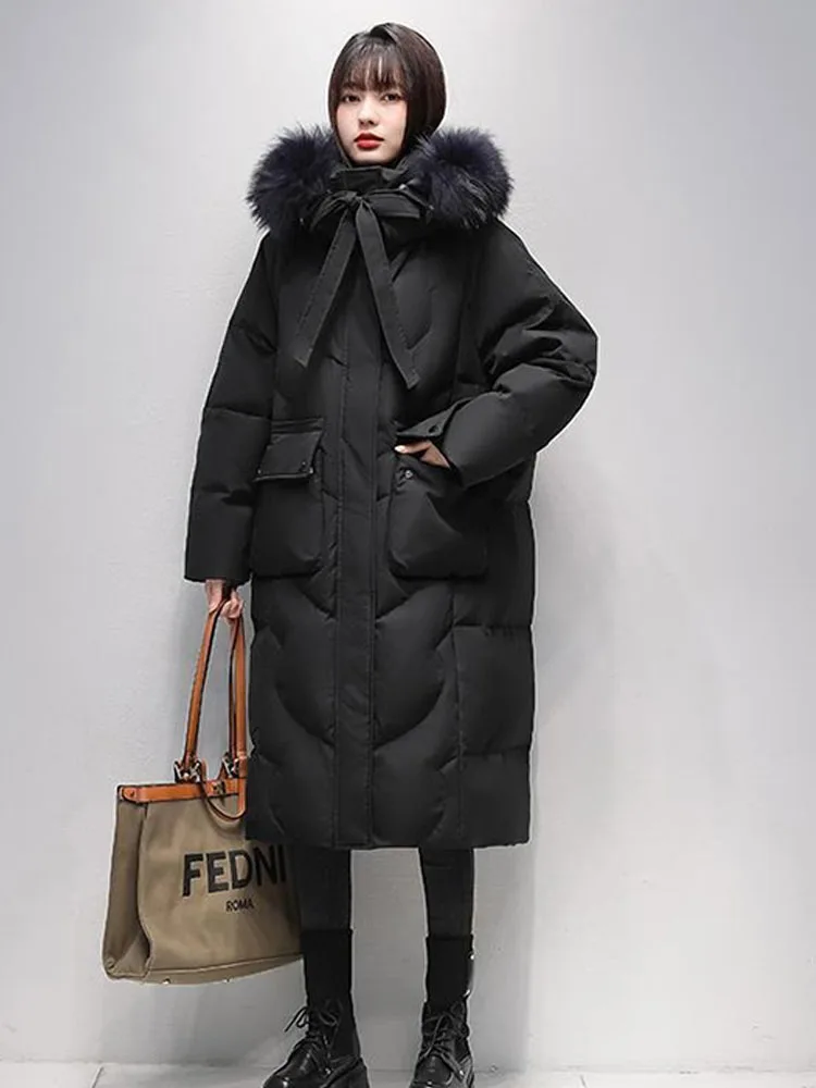 Giacche invernali donna 2024 piumini lunghi moda grande collo di pelliccia di volpe più spesso caldo piumino con cappuccio collo di vera pelliccia
