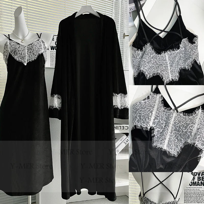 

Длинная ночная рубашка, женский сексуальный кружевной лоскутный халат, костюм, теплое велюровое кимоно, интимное белье, черная одежда для сна, домашнее платье