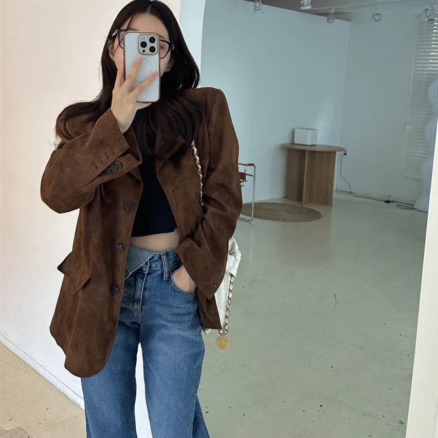 Autumn Sle Single-Button Leather Velvet Jaet Women's Hong Kong Retro Chic Loose Versatile High-End Trendy Top