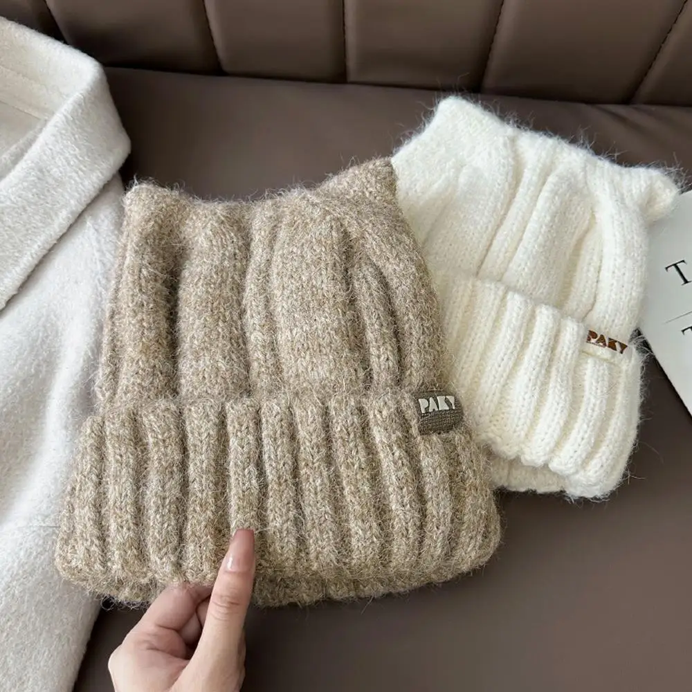 

Вязаная шапка в корейском стиле с кошачьими ушками, зимняя милая женская шапка для девочек, толстые теплые мягкие пуловеры, морозостойкая повседневная шапка-бини Y2K