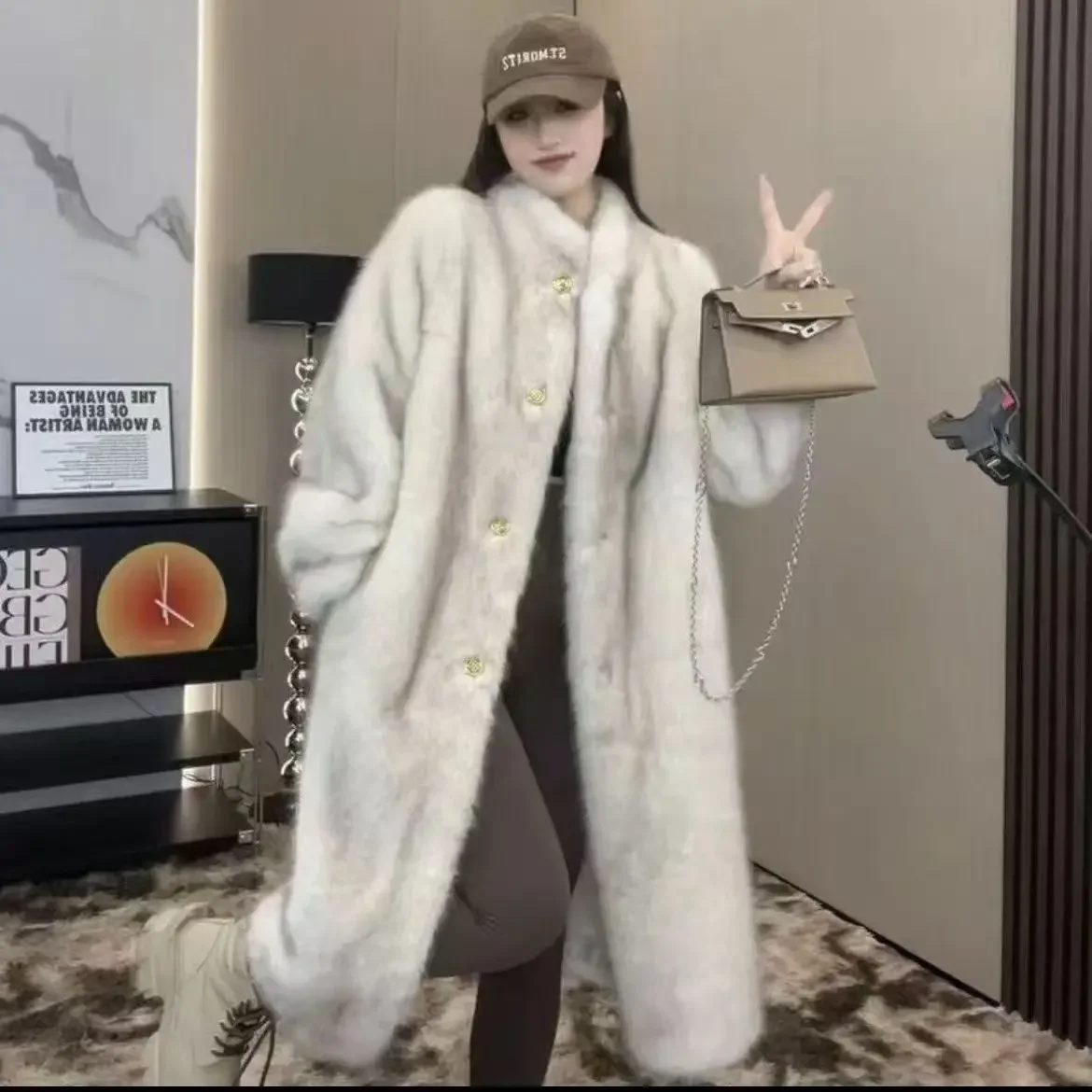 

Stand Collar Long Faux Fox Fur Coat Women Winter Fluffy Jacket Single Breasted Artificial Plush Fur Coat Furry Overcoat Ladies