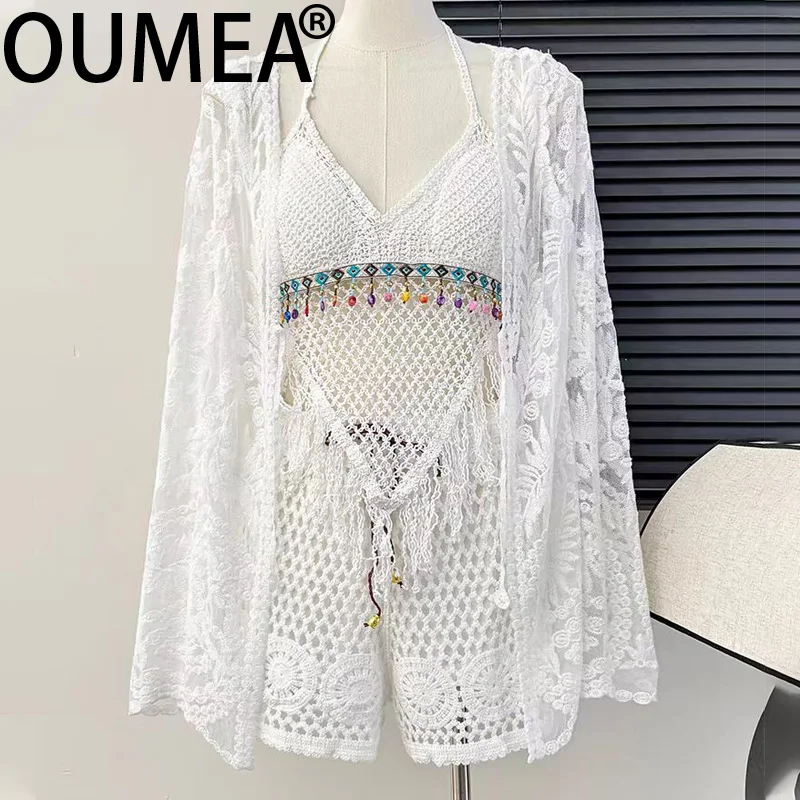 OUMEA Women Crochet Set Summer Beach Cover Up Casual Cotton Three Pieces Set Beach Style Fringed Tops Long Sleeve Sheer Cover Up