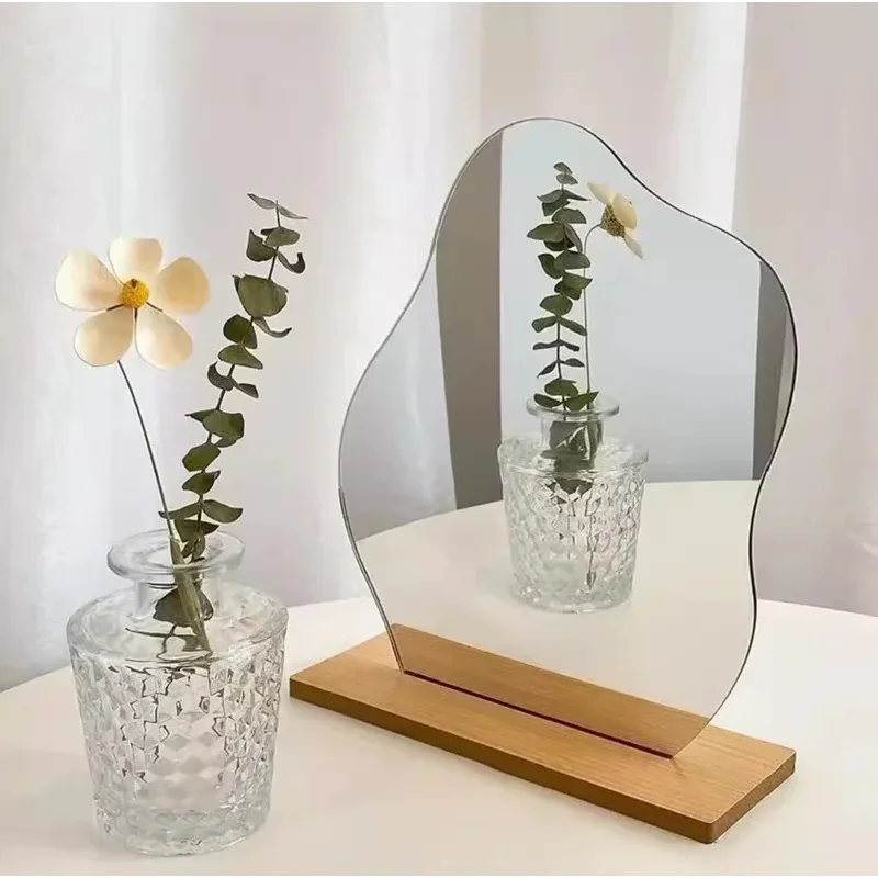 1pc Decorative Mirror, Acrylic Wooden Base, Minimalist Irregular Makeup Mirror, Bedroom Vanity Mirror, Beauty Cosmetics