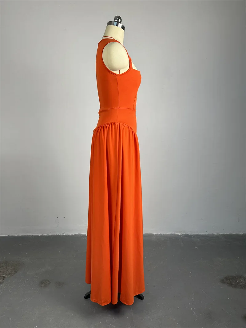 فساتين AOMEI أنيقة برقبة دائرية وأحمر برتقالي بقصة ضيقة للنساء لصيف 2025 على شكل حرف A بطول الأرض فستان إمبراطوري بدون أكمام #5