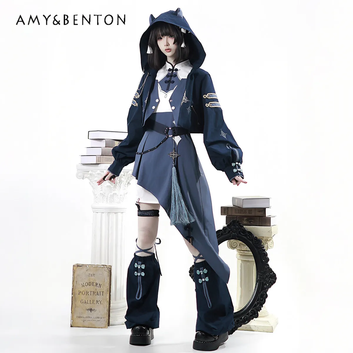 

Original Lolita Punk Dress Sets Vintage Court Style Short Hooded Jacket Irregular Stand Up Neck Dress New Chinese Style Outfits