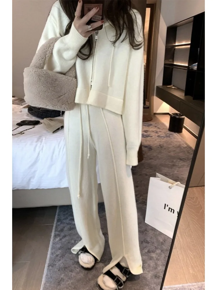 Fashion Loose Pants Sets Women Knitted Two Piece Set Daily Zipper Hooded Sweater Coat Long Drawstring Knitted Pant Autumn Winter