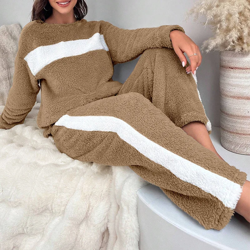 

XL-5XL плюс размер женские зимние пижамные комплекты теплый пуловер из кораллового флиса брюки домашняя одежда спортивная полосатая толстая фланелевая одежда для сна