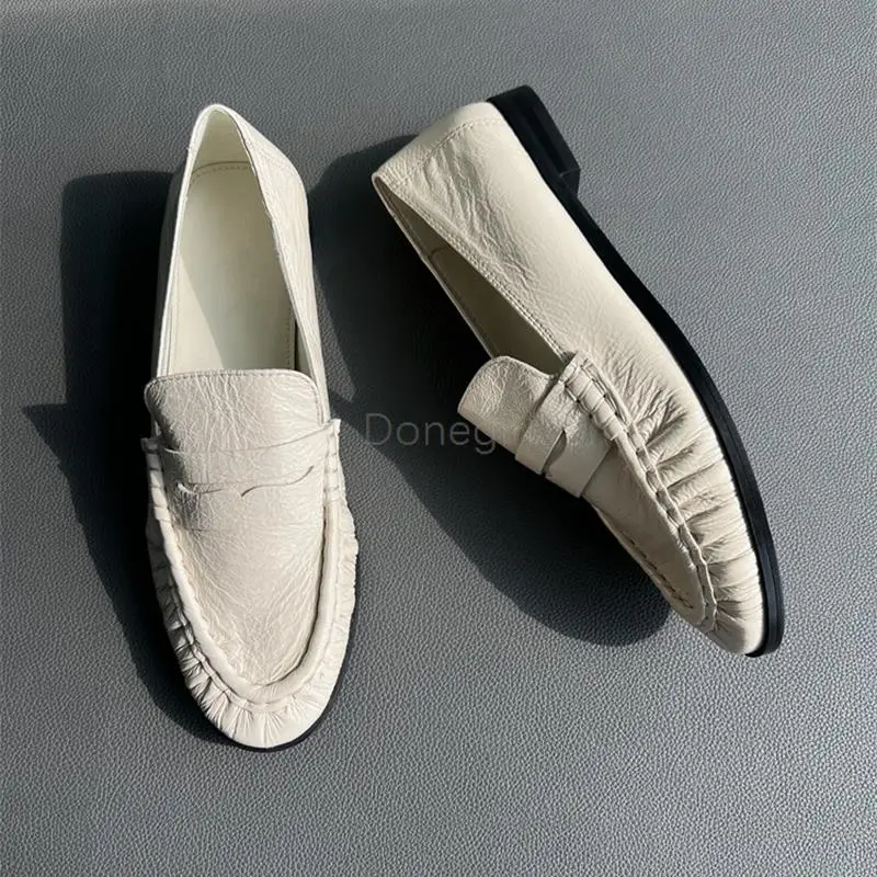 Donegirl 2023New Women Fashion Spring Round Head Pleats Texture Leather Splicing Casual Flat Shoes Versatile Loafers Chic Ladies