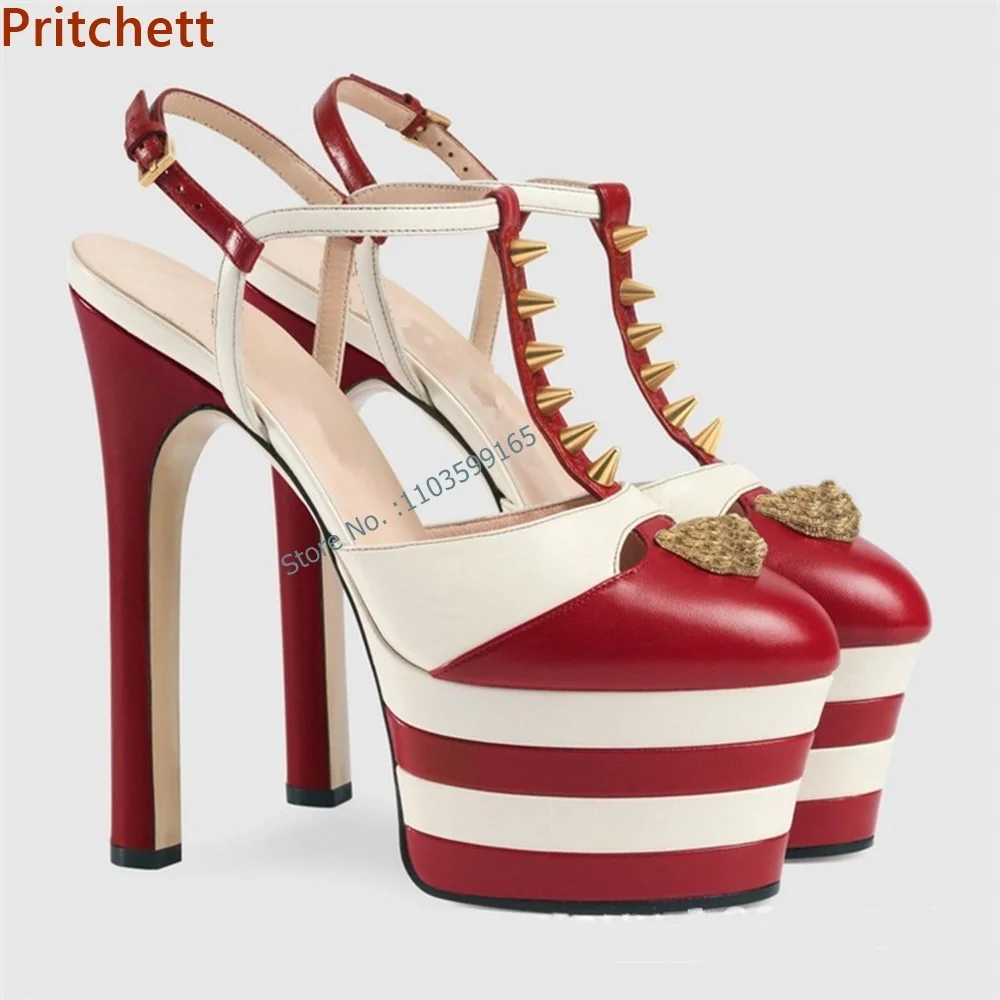 

Mixed Color Rivet Sandals Platform Thin Heel Buckle Strap Metal Decoration Stiletto Shoes Summer Slingback Runway Sexy Shoes