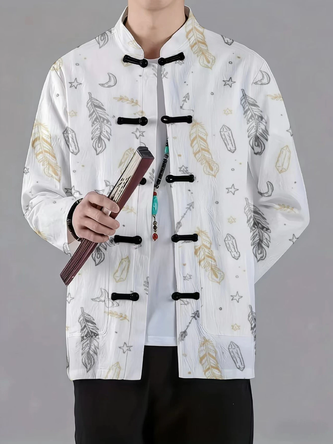 Men Mandarin Collar Frog Button Jacket Gradient Stripe Butterfly Feather Celestial Art Print Traditional Outerwear
