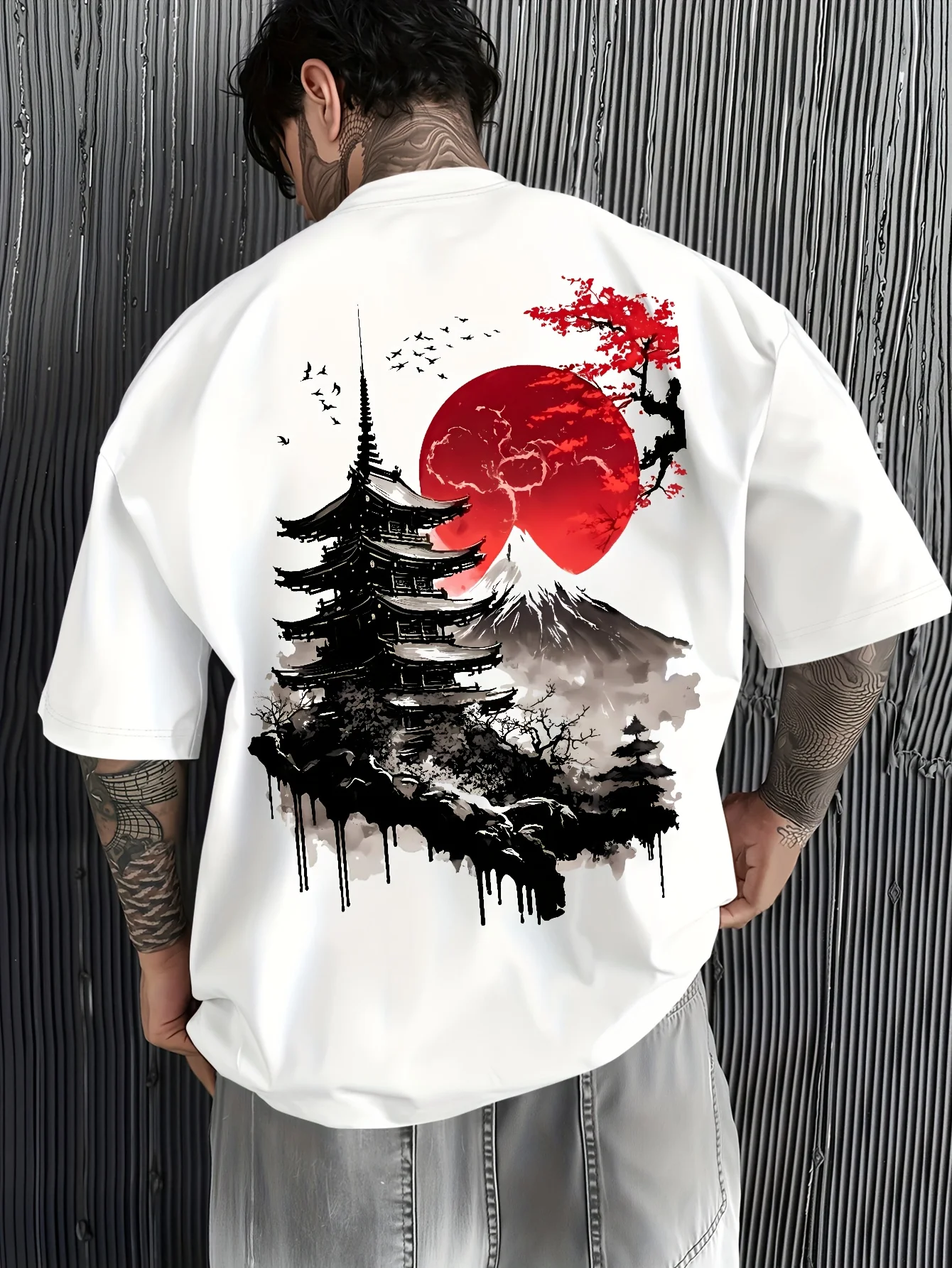 Men’s T-shirt – Crimson Sunset, Birds in Flight, Mountain Scenery – 100% cotton, short-sleeved, casual men’s short-sleeved T-shirt.